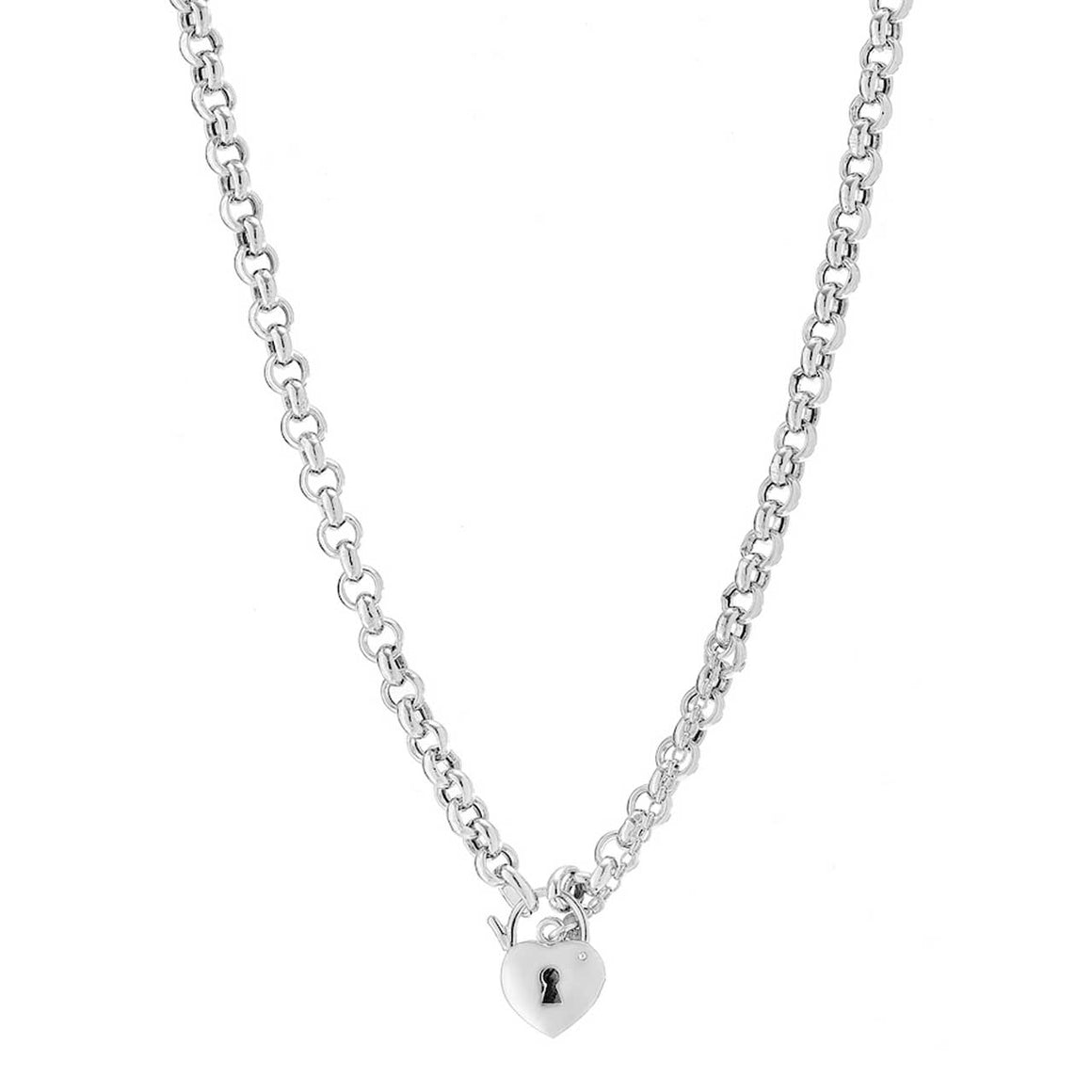 Rhodium Plate Rolo Link Heart Necklace
