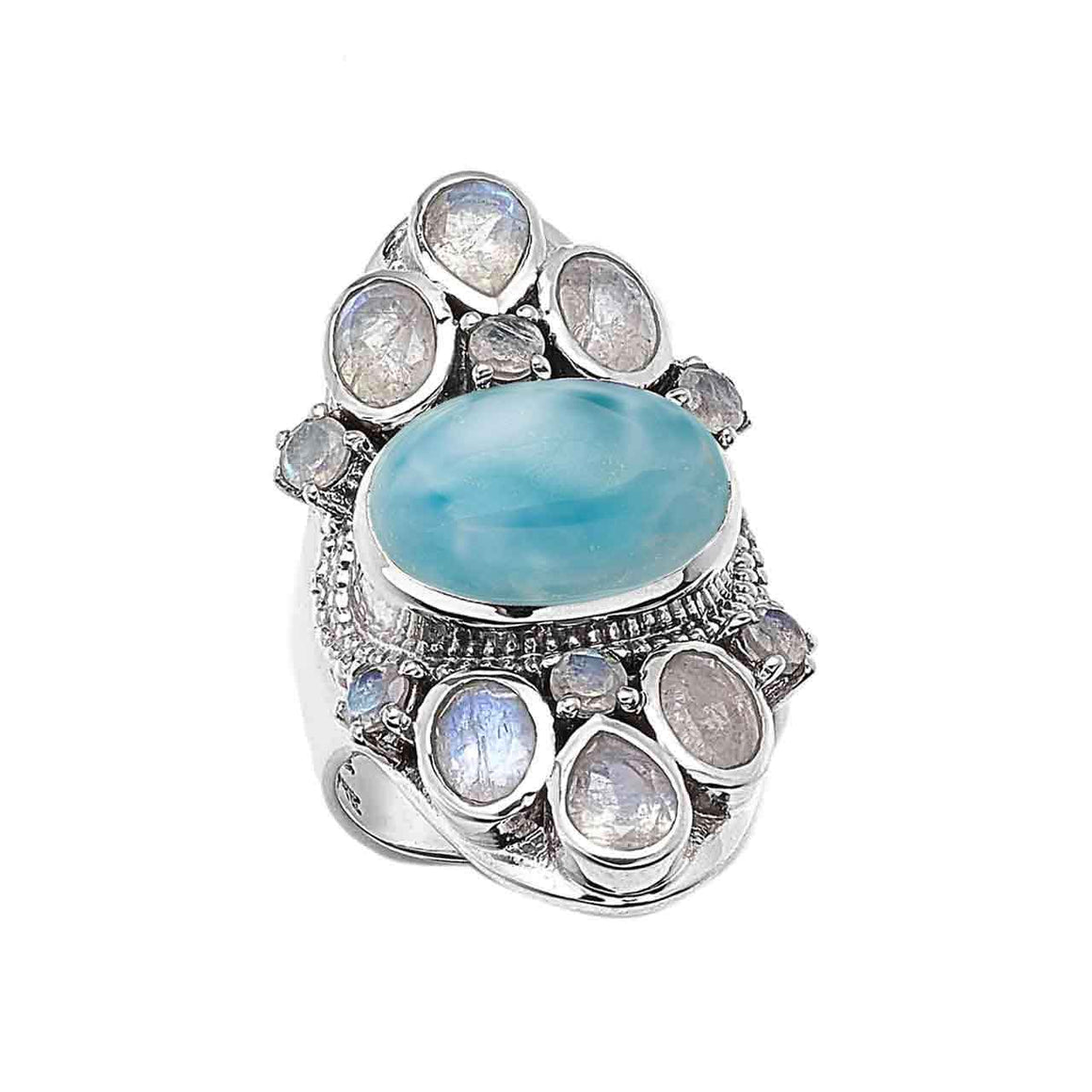 Larimar and Faceted Rainbow Moonstone Gemstone Ring