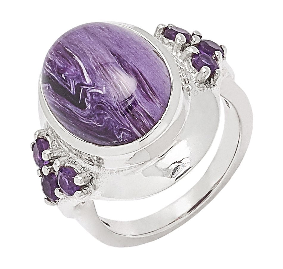 Sterling Silver Charoite and Amethyst Ring