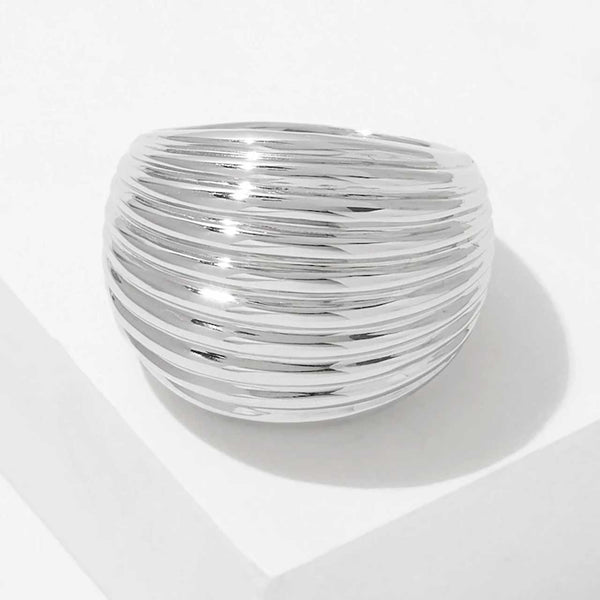 Rhodium Plate Polished Textured Dome Ring