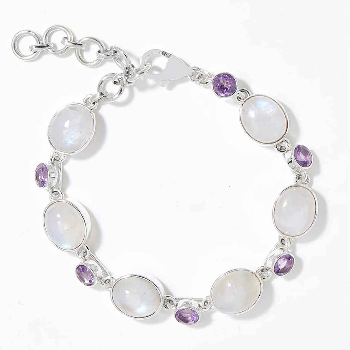 Rainbow Moonstone and Amethyst Link Bracelet