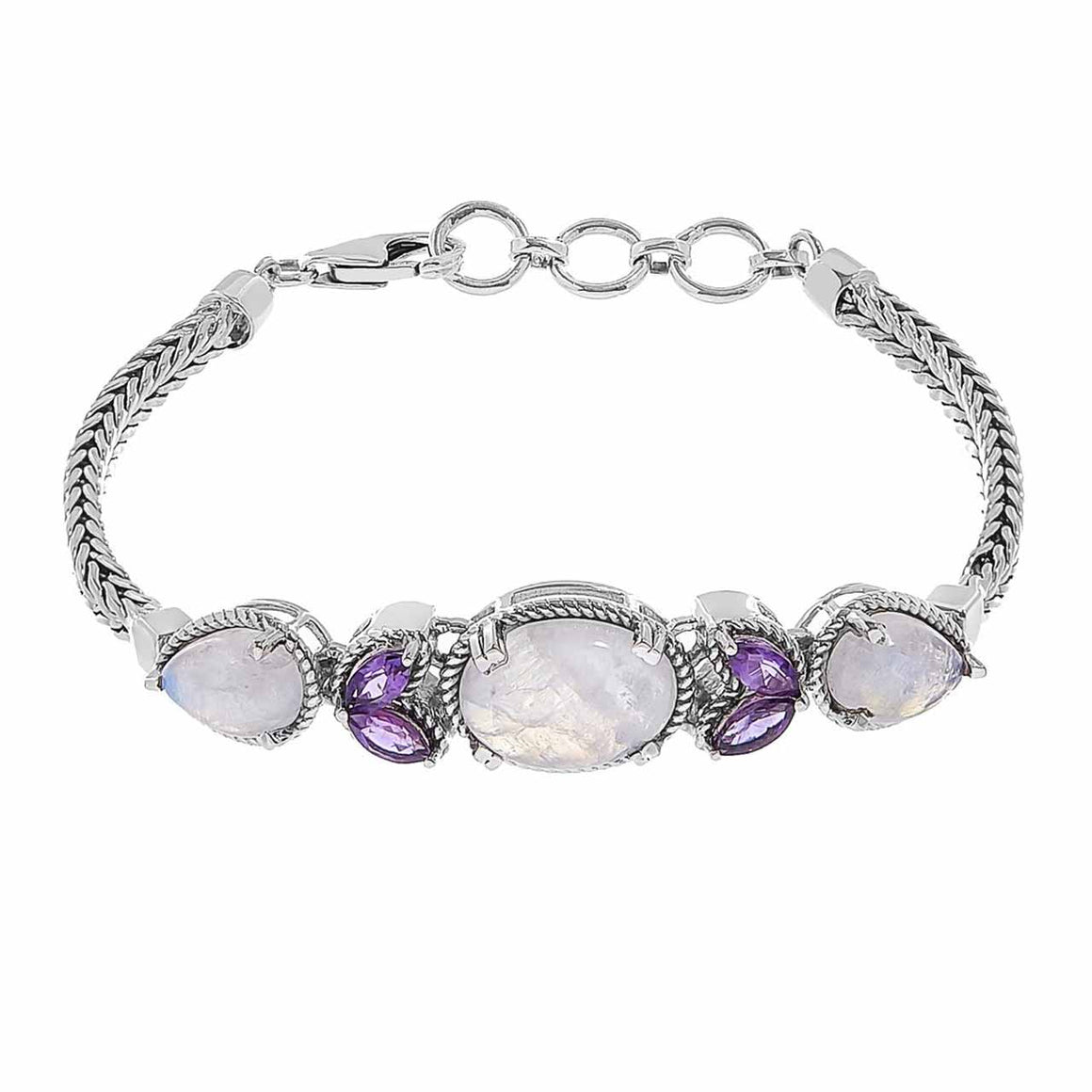 Rainbow Moonstone and Amethyst Prong Setting Link Bracelet