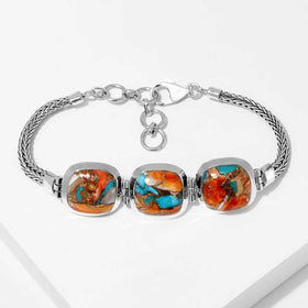 Spiny Oyster Turquoise Cushion Cut Gemstone Bracelet