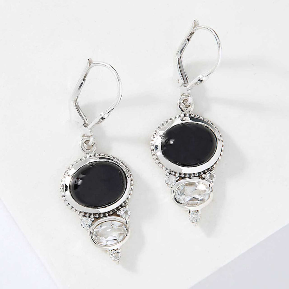 Black Spinel and White Topaz Drop Earrings