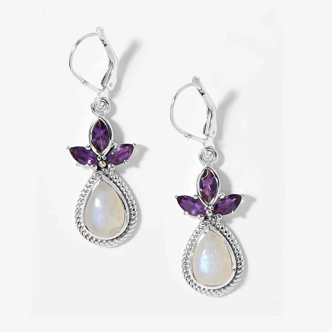 Rainbow Moonstone and Amethyst Earrings