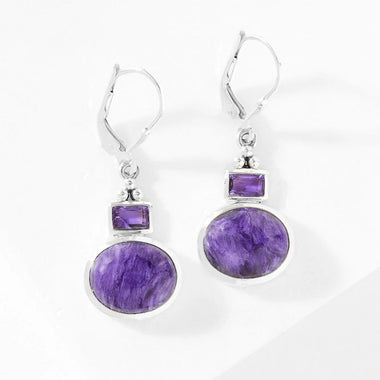 Charoite and Amethyst Drop Earrings