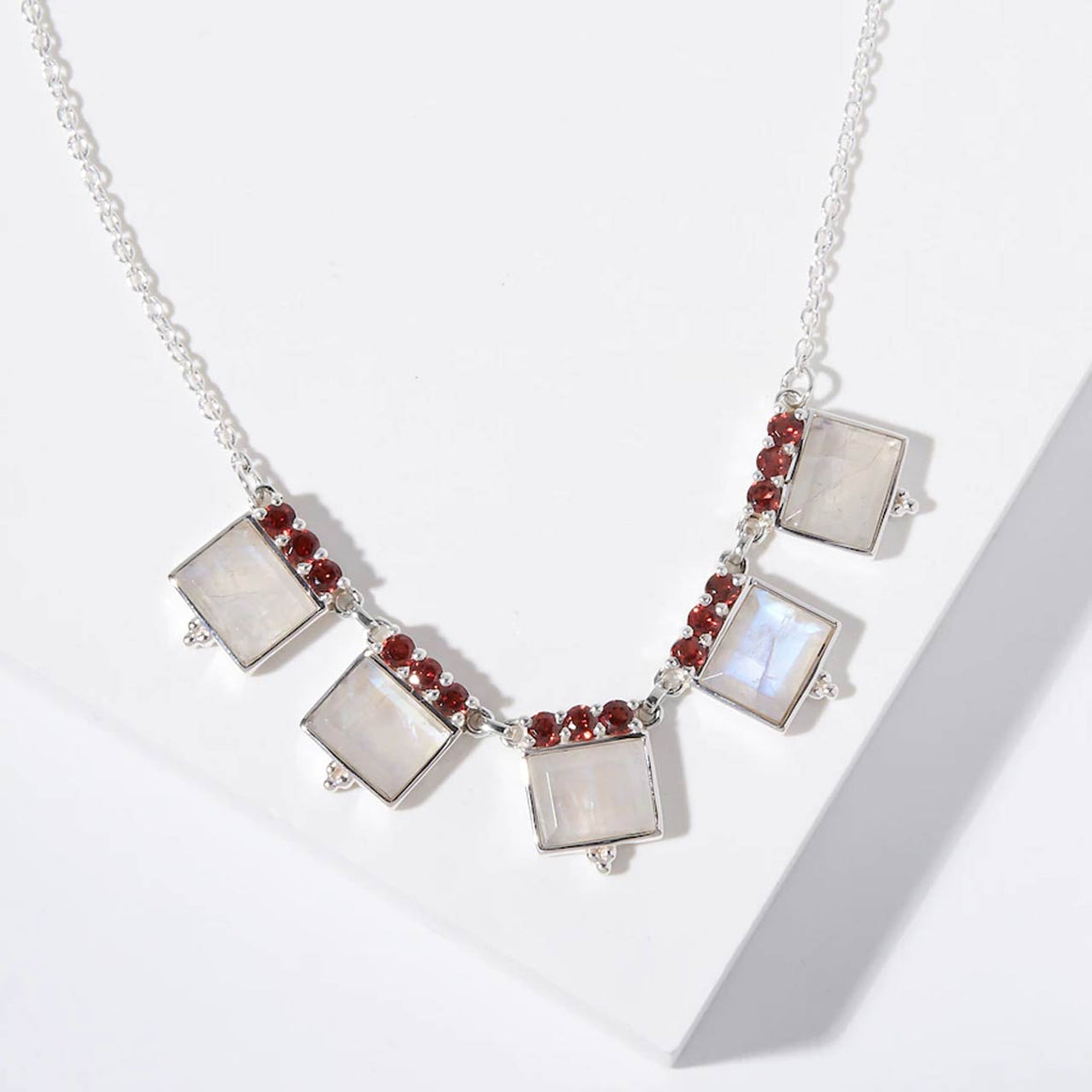 Faceted Rainbow Moonstone & Garnet Necklace