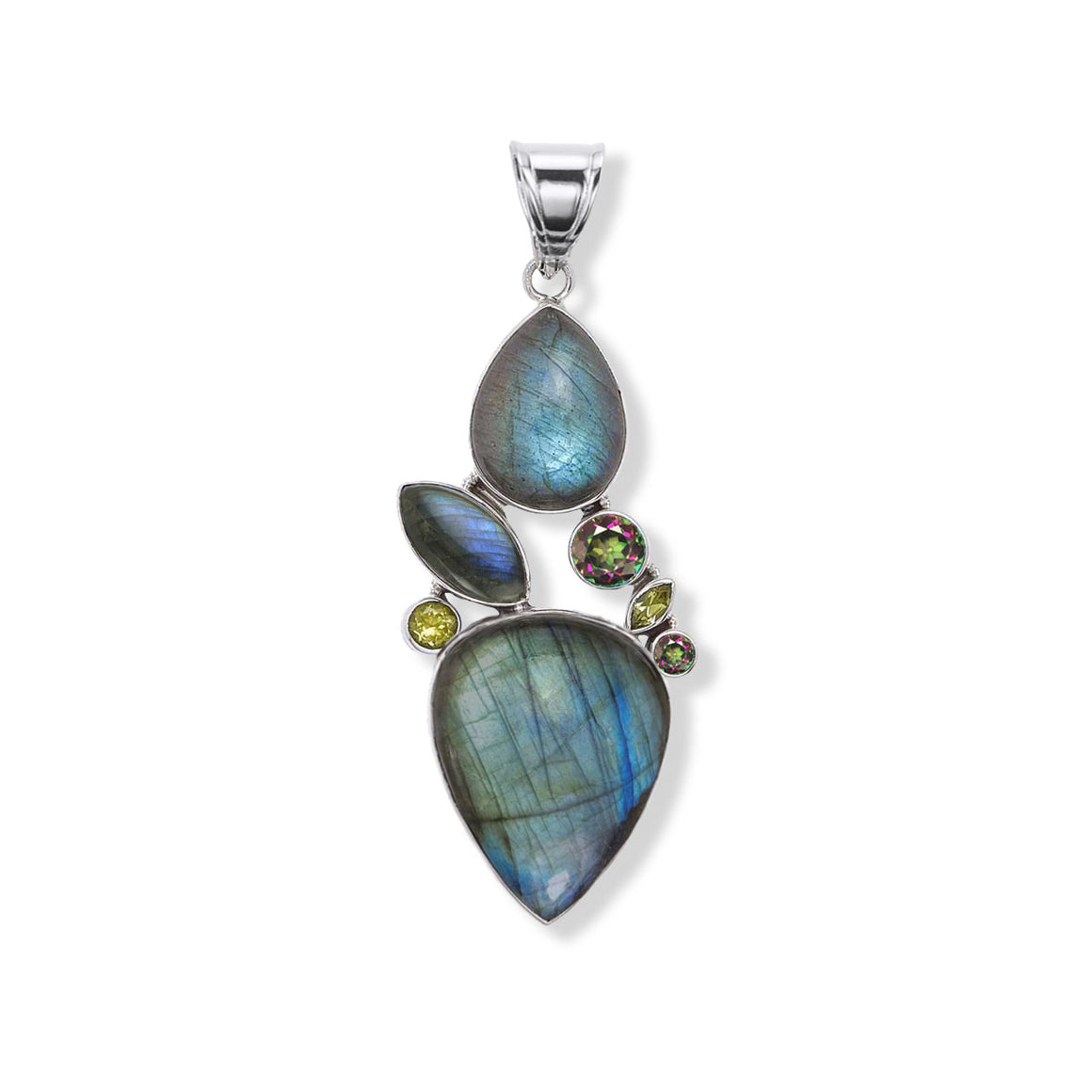 Labradorite Wide Teardrop, Mystic Quartz and Peridot Pendant