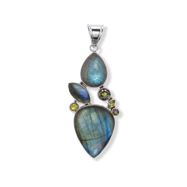 Labradorite Wide Teardrop, Mystic Quartz and Peridot Pendant
