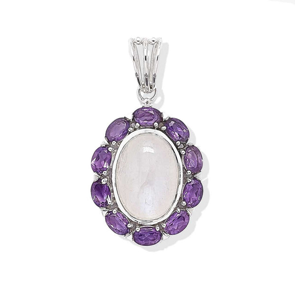 Rainbow Moonstone and Amethyst Bold Oval Pendant