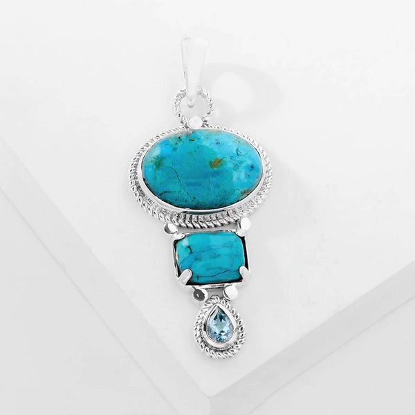 Mohave Turquoise with Blue Topaz Decorative Twist Motif Pendant