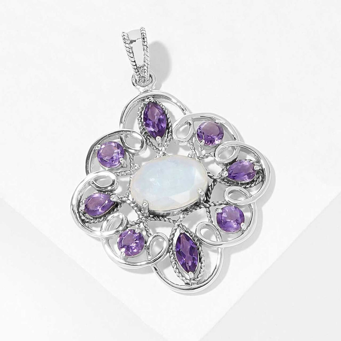 Faceted Rainbow Moonstone & Amethyst Pendant