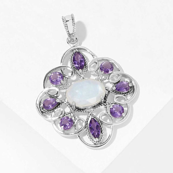 Faceted Rainbow Moonstone & Amethyst Pendant