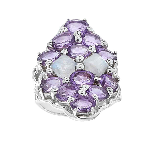 Amethyst and Rainbow Moonstone Gemstone Ring