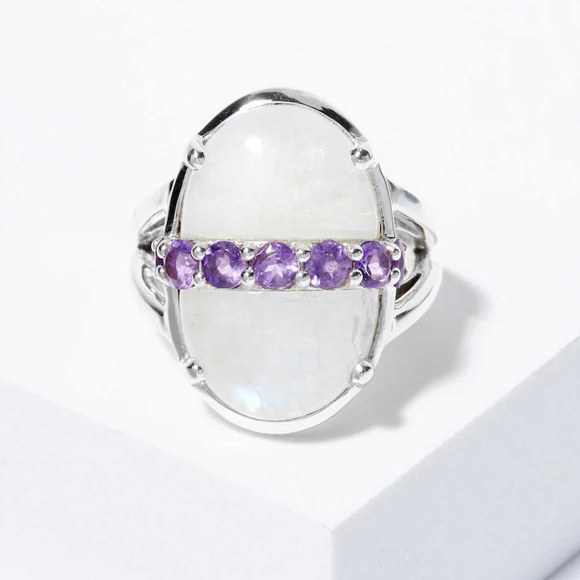 Rainbow Moonstone and Amethyst Gemstone Ring