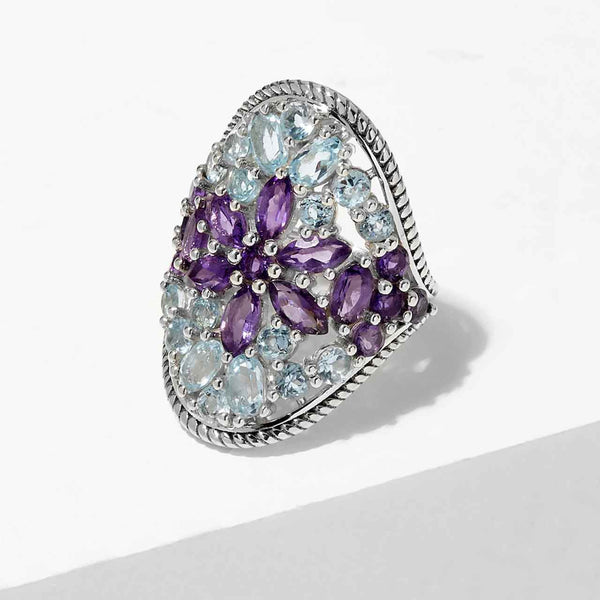 Multi Gemstone Amethyst and Blue Topaz Ring