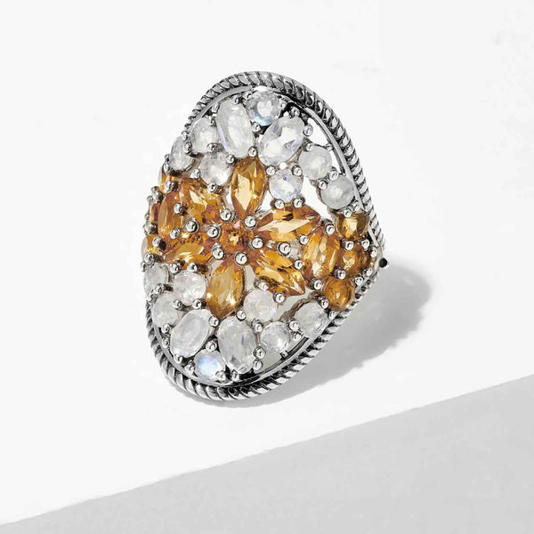 Multi Gemstone Citrine and Rainbow Moonstone Ring