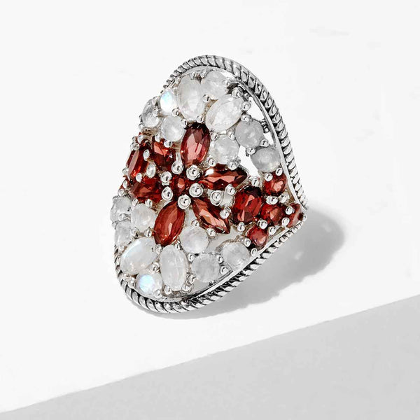 Multi Gemstone Garnet and Rainbow Moonstone Ring