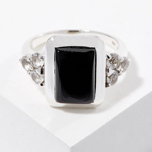 Black Spinel and White Topaz Ring