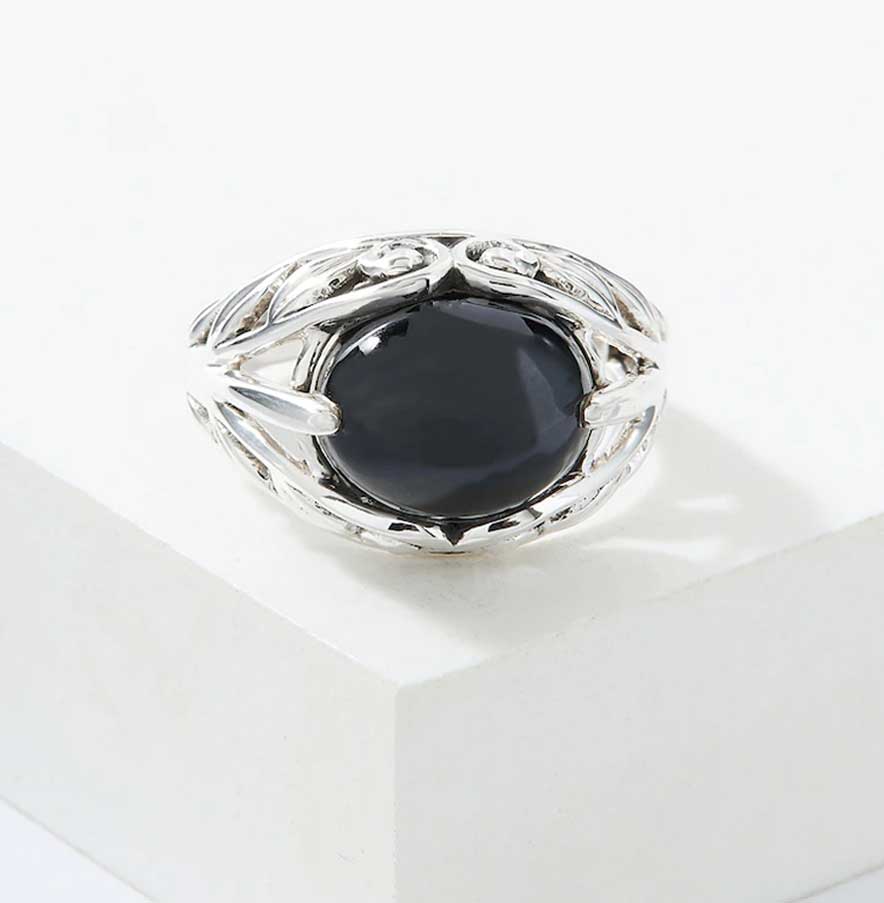 Black Spinel Scrollwork Ring