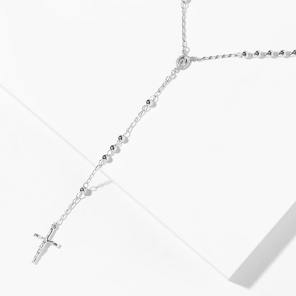 Rhodium Plate Sterling Silver Rosary Necklace