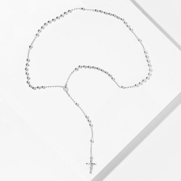 Rhodium Plate Sterling Silver Rosary Necklace