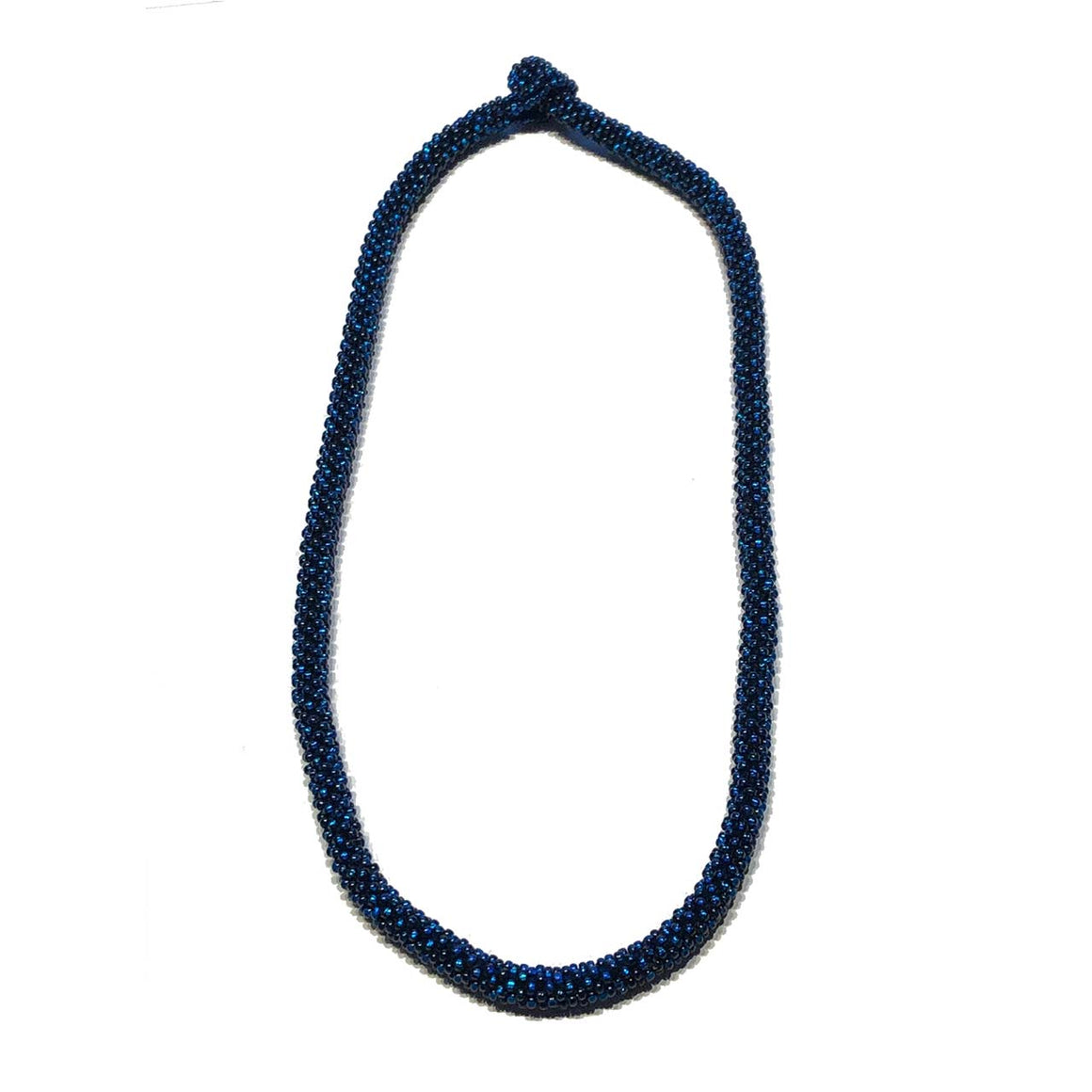Hand Crocheted Sapphire Coloured Glass Bead Necklace 19.5 inches or 24 inch Length