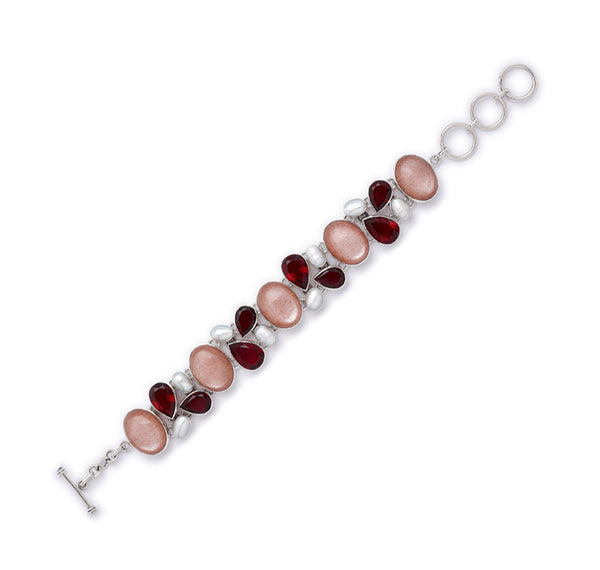 Peach Moonstone, Garnet and Freshwater Pearl Multi Gemstone Bracelet