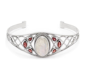 Rainbow Moonstone and Garnet Gemstone Cuff Bracelet