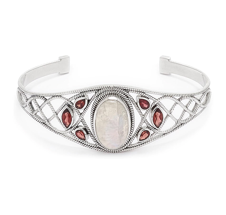 Rainbow Moonstone and Garnet Gemstone Cuff Bracelet