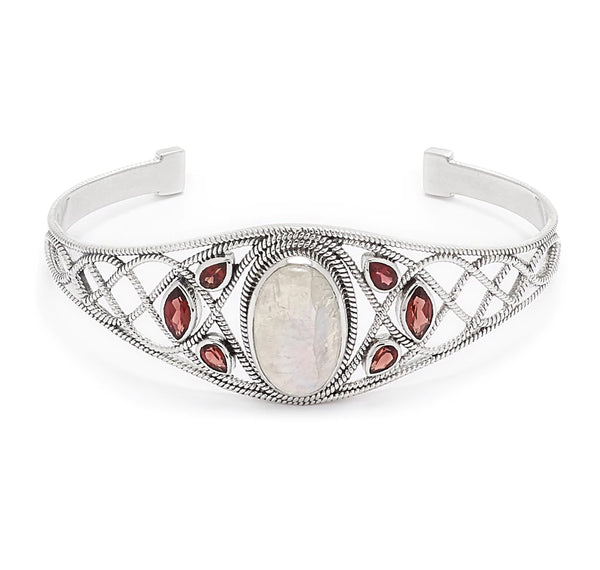 Rainbow Moonstone and Garnet Gemstone Cuff Bracelet