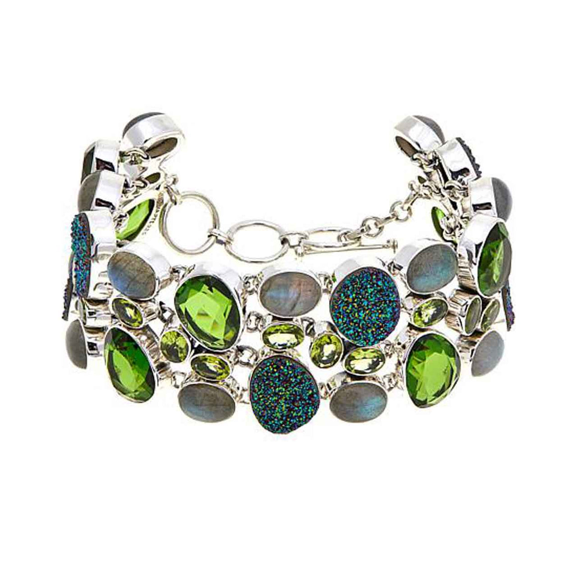 Green Drusy, Peridot, Labradorite, & Peridot Quartz Link Bracelet