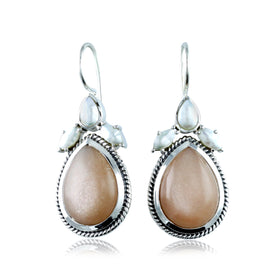 Peach Moonstone and White Pearl Earrings