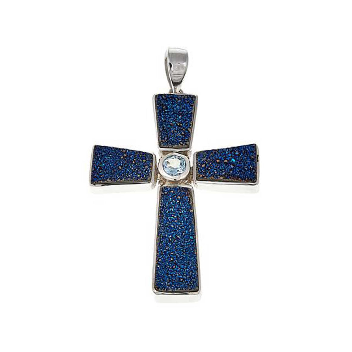 Blue Drusy and Blue Topaz Cross Pendant