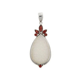 White Pearl Drusy and Garnet Pendant