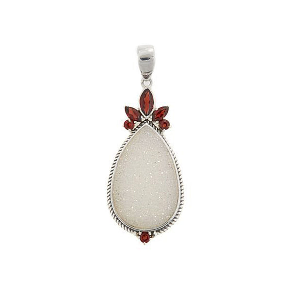 White Pearl Drusy and Garnet Pendant