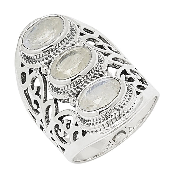 Faceted Rainbow Moonstone Triple Oval Ring