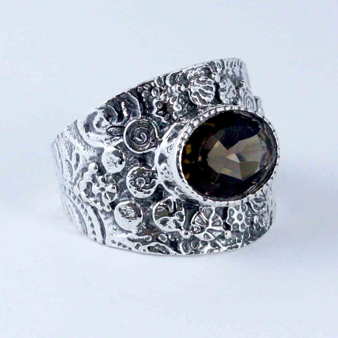 Smokey Quartz Gemstone and Oxidized Textured Ring