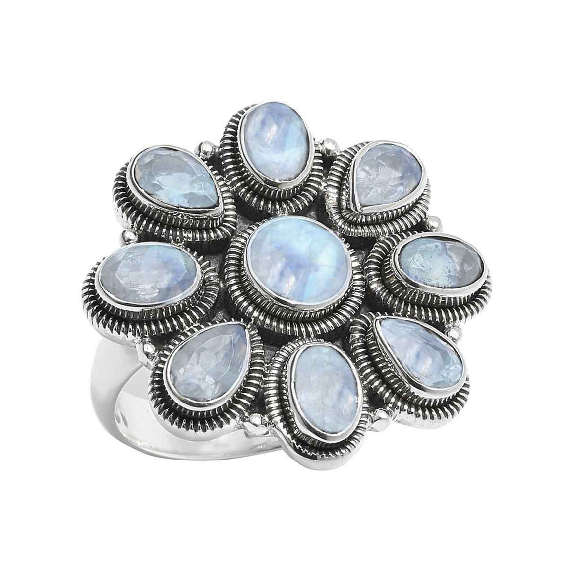 Rainbow Moonstone Flower Ring