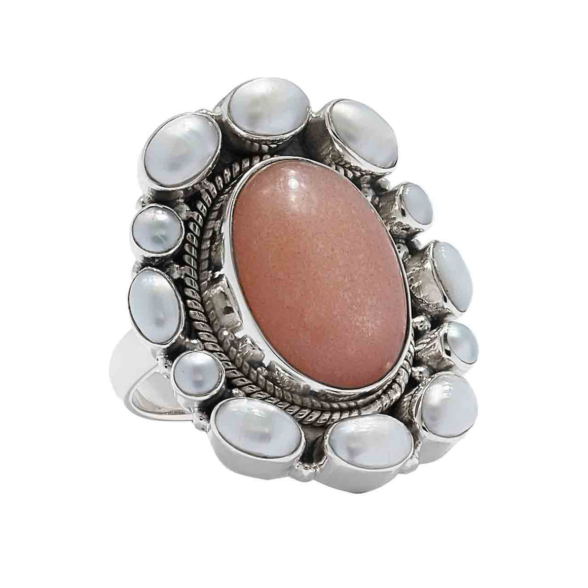 Peach Moonstone and White Pearl Ring