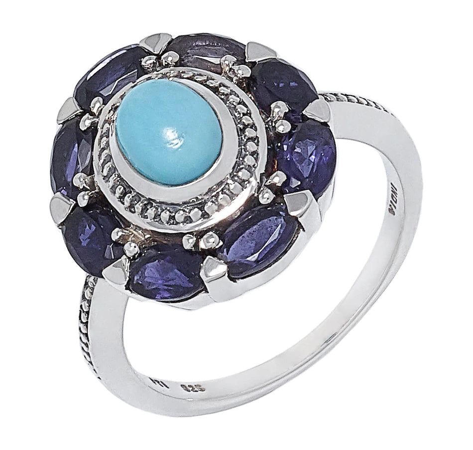 Sterling Silver Sleeping Beauty Turquoise and Iolite Ring