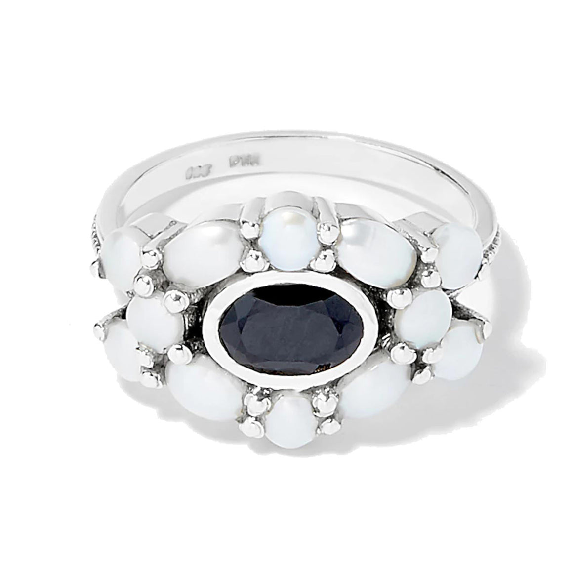 Faceted Black Spinel and Freshwater Pearl Ring