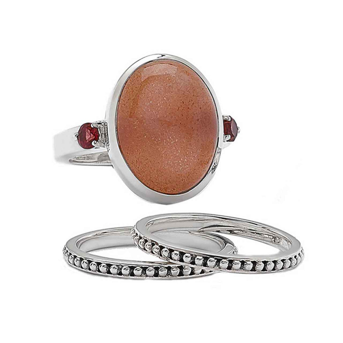 Peach Moostone and Garnet Ring