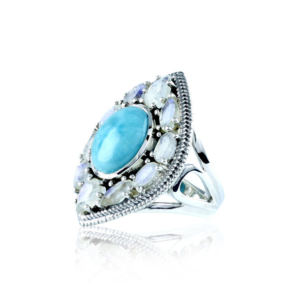 Larimar and Rainbow Moonstone Ring