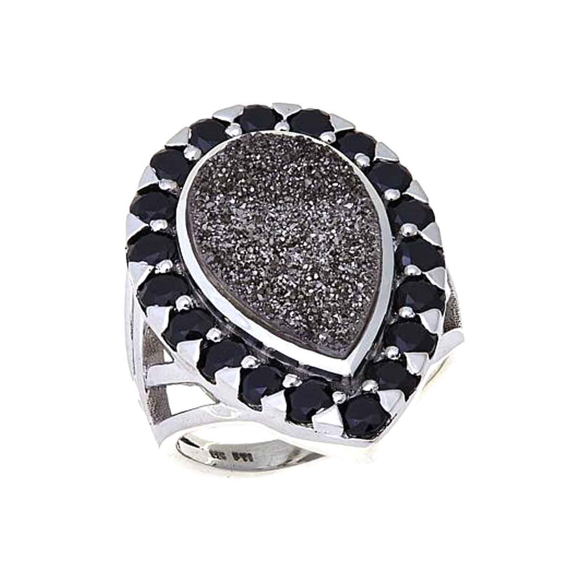 Silver Drusy and Black Spinel Ring