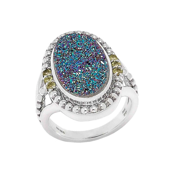 Green Drusy and Peridot 7 Stone Ring