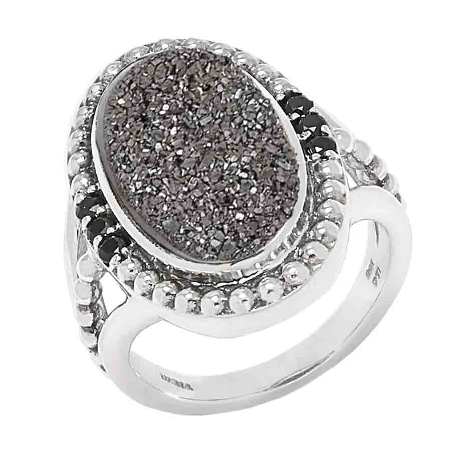 Platinum Drusy and Black Spinel 7 Stone Ring