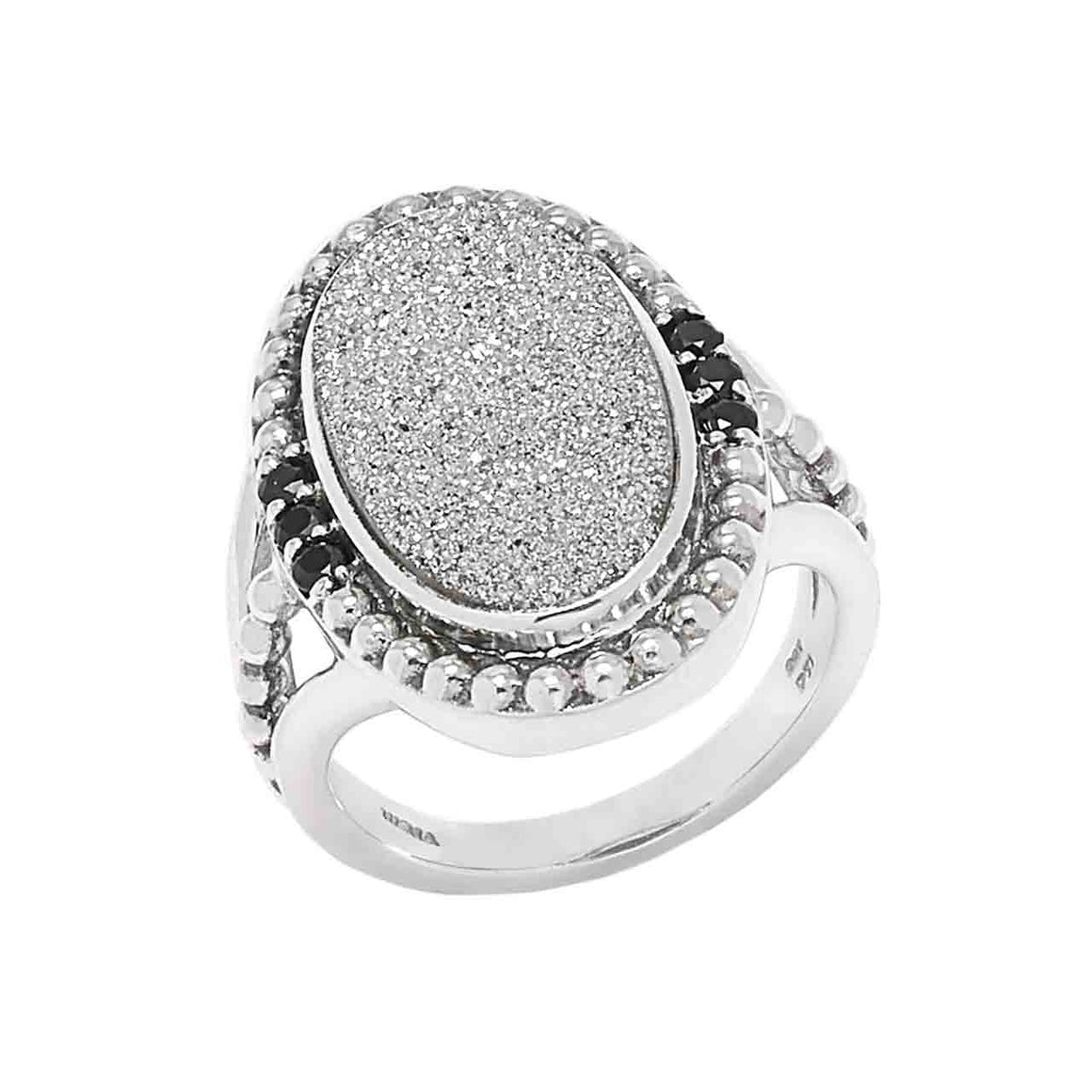 Silver  Drusy and Black Spinel 7 Stone Ring