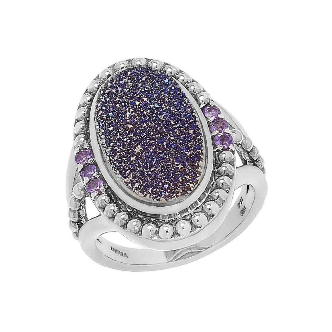 Purple Drusy and Amethyst 7 Stone Ring
