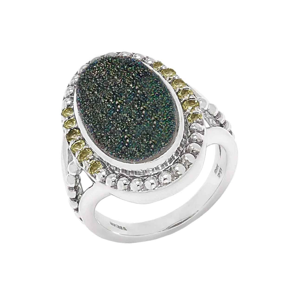 Green Drusy and Peridot 13 Stone Ring